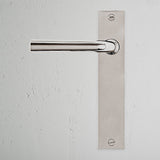 Apsley Long Plate Fixed Door Handle Polished Nickel Finish on White Background right Facing Front View