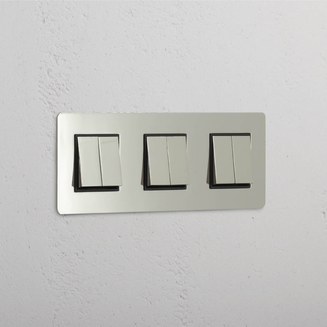 Super Capacity Light Control Switch: Polished Nickel Black Triple 6x Rocker Switch
