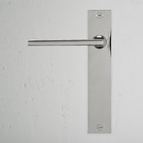Clayton Long Plate Sprung Door Handle Polished Nickel Finish on White Background right Facing Front View
