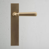Digby Long Plate Fixed Door Handle Antique Brass Finish on White Background Front Facing