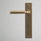 Digby Long Plate Fixed Door Handle Antique Brass Finish on White Background right Facing Front View