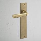 Digby Long Plate Fixed Door Handle Antique Brass Finish on White Background at an Angle