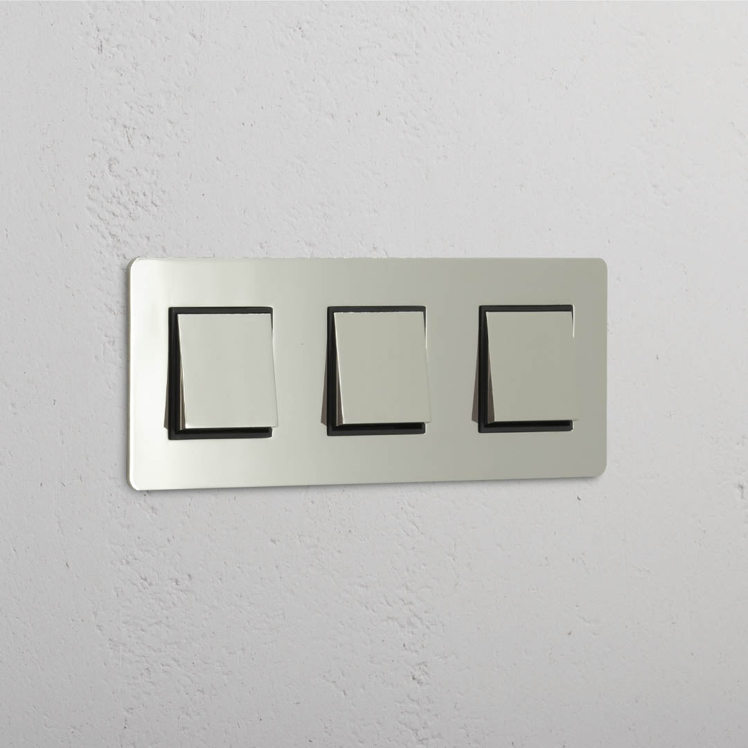 High Capacity Light Control Switch: Polished Nickel Black Triple 3x Rocker Switch
