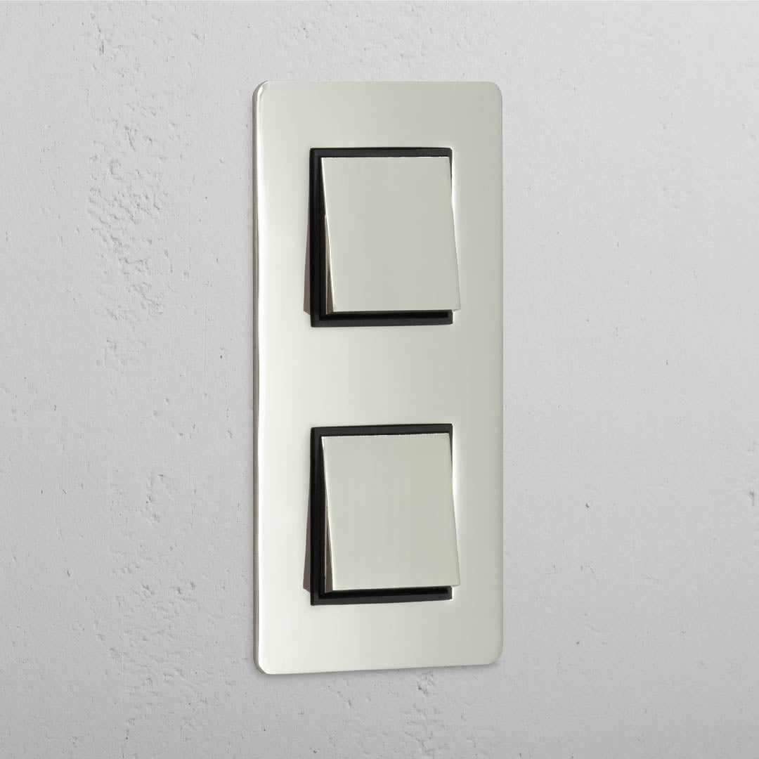Dual Vertical Light Control Switch: Polished Nickel Black Double 2x Vertical Rocker Switch